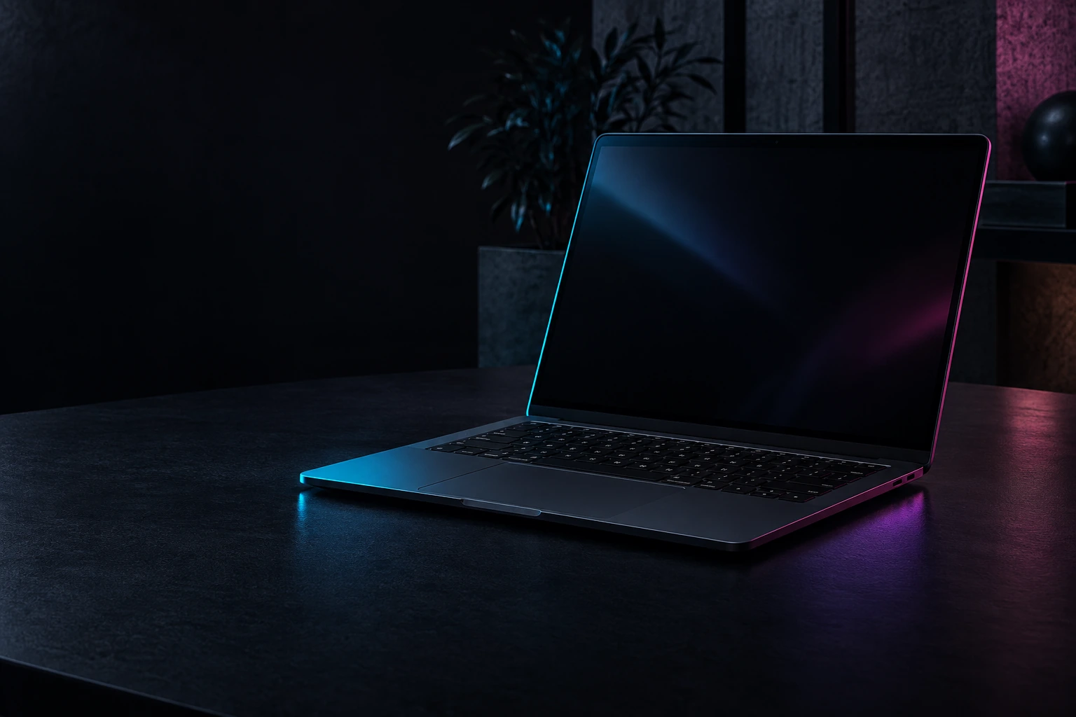 Ciemny laptop oświetlony światłem cyan i magenta — ilustracja marki.