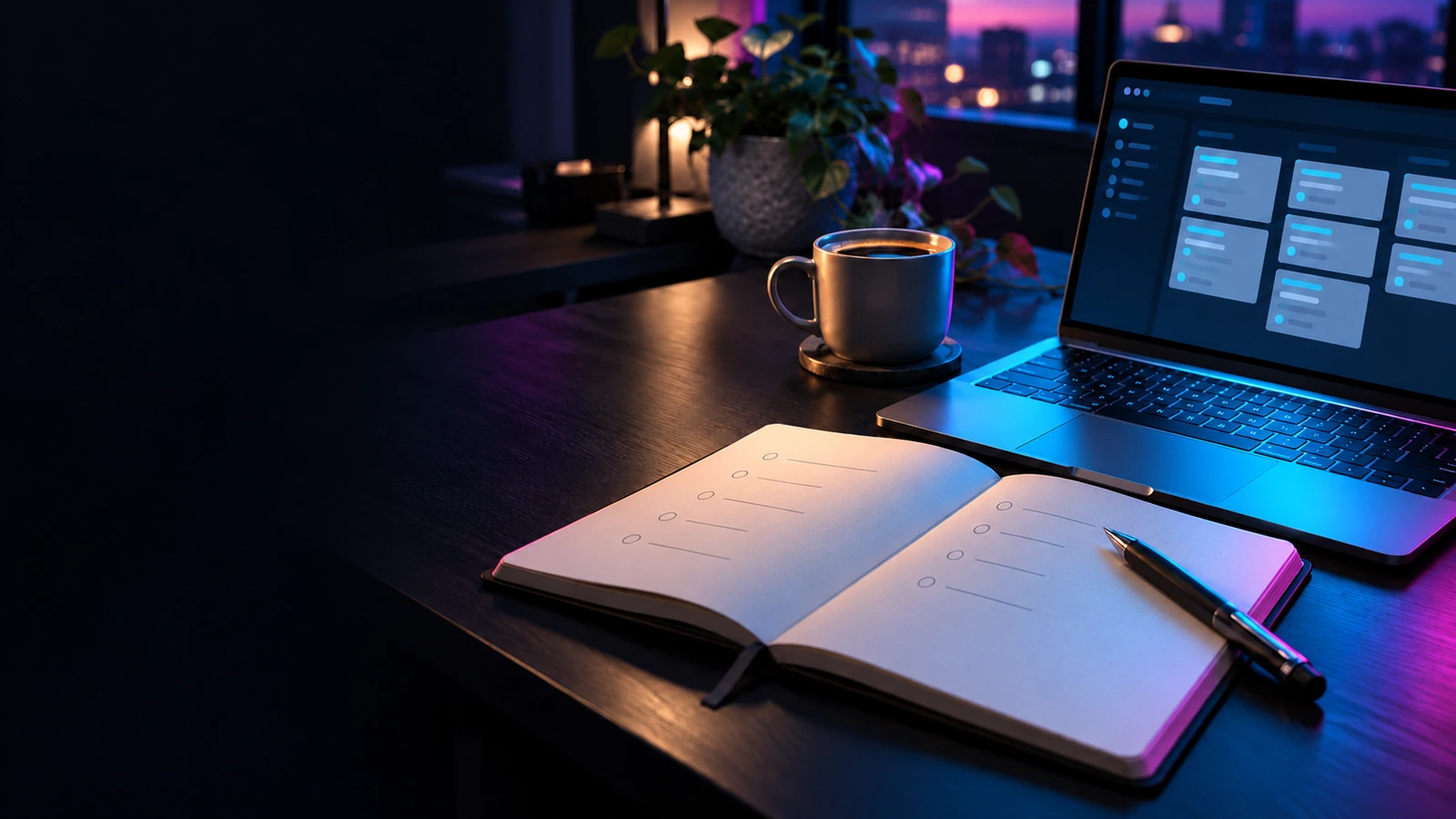 Otwarty notes, kawa i laptop z uporządkowanymi kartami zadań na ciemnym biurku.